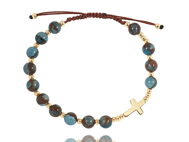 1627/6 bransoletka różaniec stal pozłacana na sznureczku z kamieniami naturalnymi  jaspis
