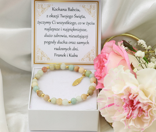 1604 bransoletka srebro 925 pozłacana amazonit z zawieszką piórko