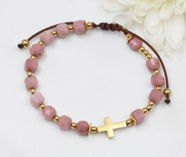 Bransoletka różaniec z krzyżykiem różowy - kostki rodonitu 1877/9
