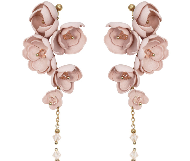 kolczyki pozłacane z kwiatuszkami i kryształami handmade pudrowy róż 1816/3