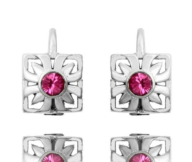 480/280 kolczyki srebrne 925 dla dziewczynki, różowa cyrkonia kwadracik ażurowy