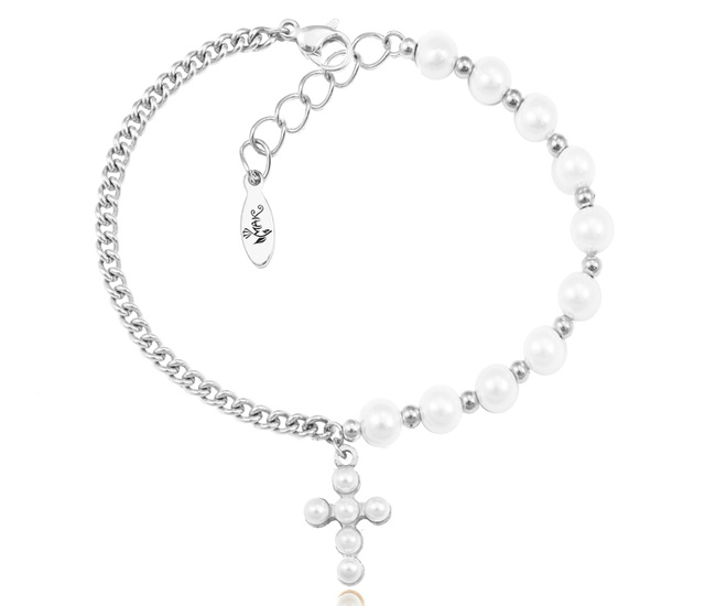 1571/16 bransoletka różaniec srebrna z perłami i krzyżem