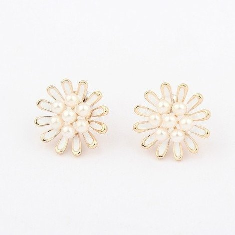 Kol  599/100 kolczyki kryształy złocone biały kwiatek z perłami