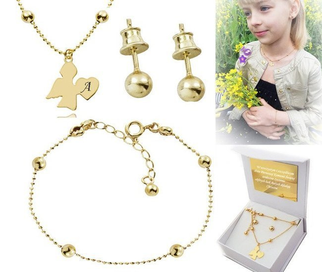 1073/4 komplet Swarovski Elements aniołek złoty prezent na komunię urodziny