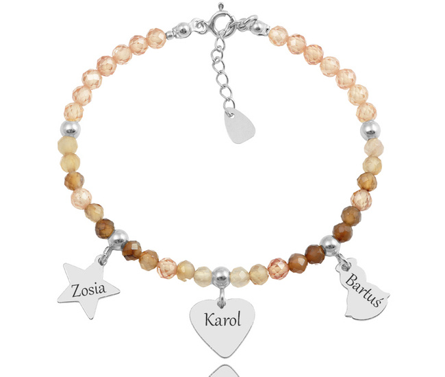 1734/5 beżowa bransoletka srebrna 925 z grawerem i kamieniami naturalnymi