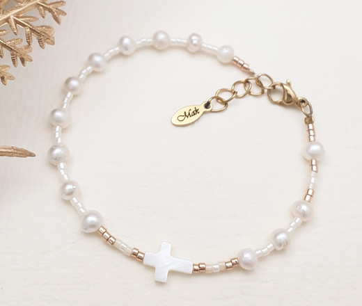 1571/23 bransoletka różaniec złota z krzyżem i perłami naturalnymi