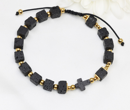 Bransoletka różaniec grawerowany z krzyżykiem lawa wulkaniczna  1877/9