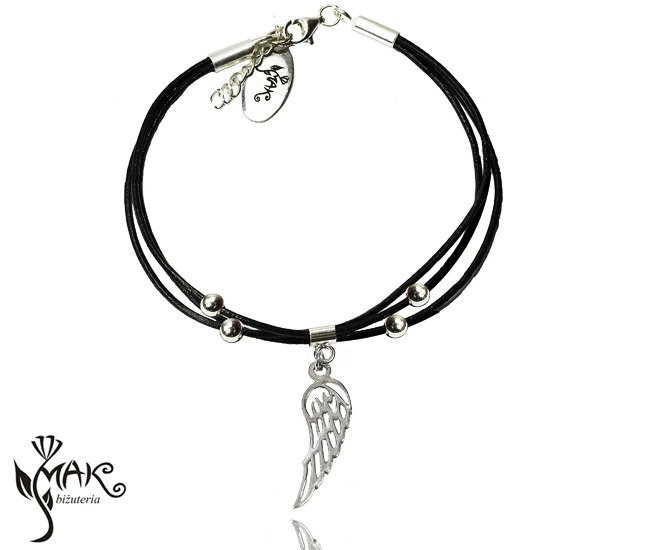 BR723 BRANSOLETKA SKÓRZANA skrzydło srebro 925 grawer