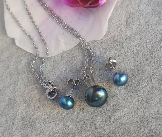 1189 komplet stalowy z perełkami naturalnymi niebiesko brązowe