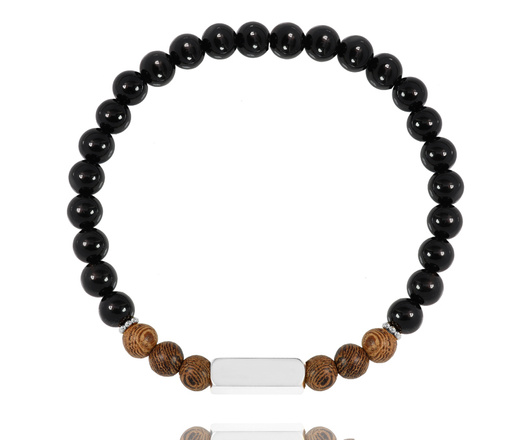 1628/3 bransoletka męska stalowa z koralikami z agatu oraz drewnianymi