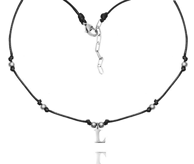 1240 naszyjnik stalowy dowolna literka, inicjał, alfabet choker srebrny