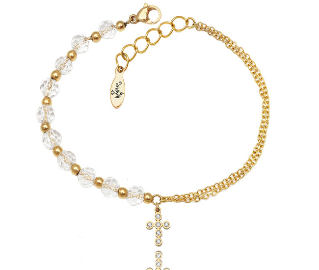 1571/18 bransoletka różaniec złota z kryształkami i krzyżem