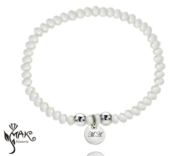 BR825 BRANSOLETKA Z GRAWEREM stal kryształki białe kółko