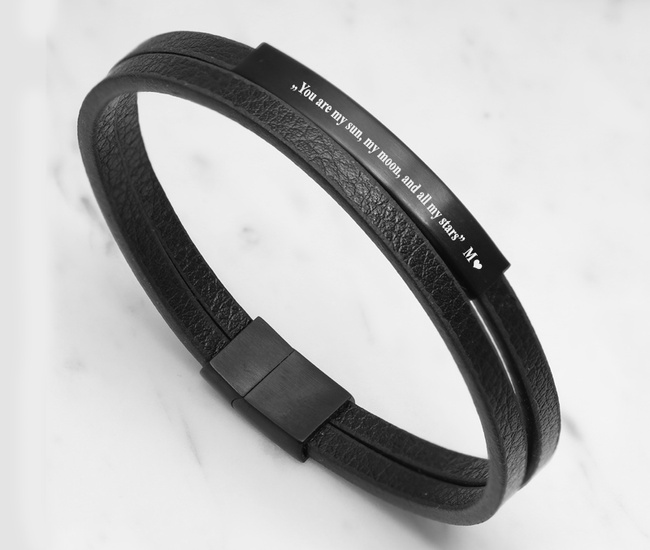 Bransoletka męska grawerowana czarna skóra 1858/6