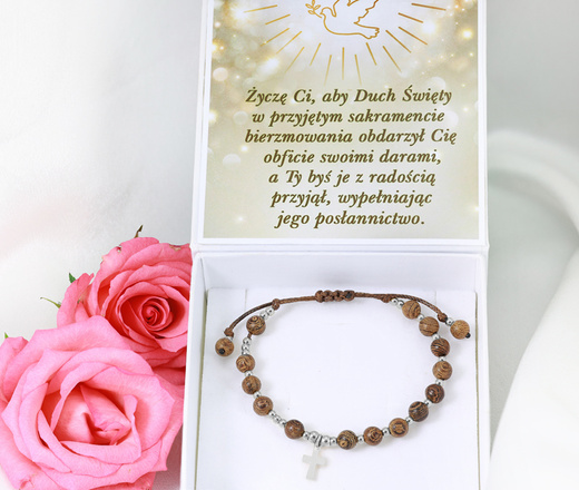 1627/7 bransoletka różaniec stal srebrna na sznureczku drewniane koraliki