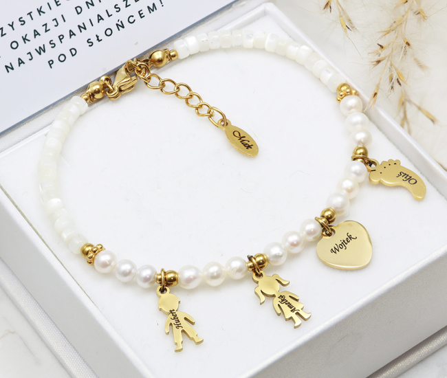 Bransoletka dla mamy z imionamio dzieci złocona z grawerem i perłami 1746/10