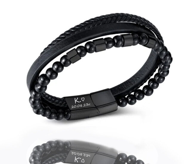 599/1124 męska bransoletka grawerowana  skóra czarna