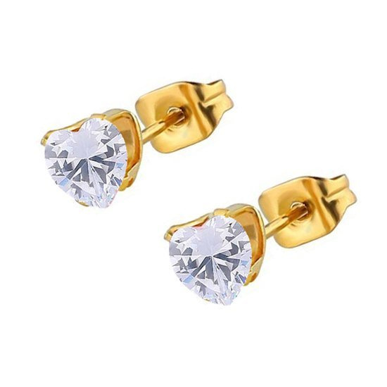 599/1023 Kolczyki serduszka złote 3 mm, białe cyrkonie stal szlachetna pozłacana