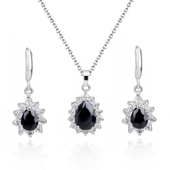 KPL 599/582 komplet kolczyki i wisiorek z czarnymi  łezkami plus łańcuszek, srebrny