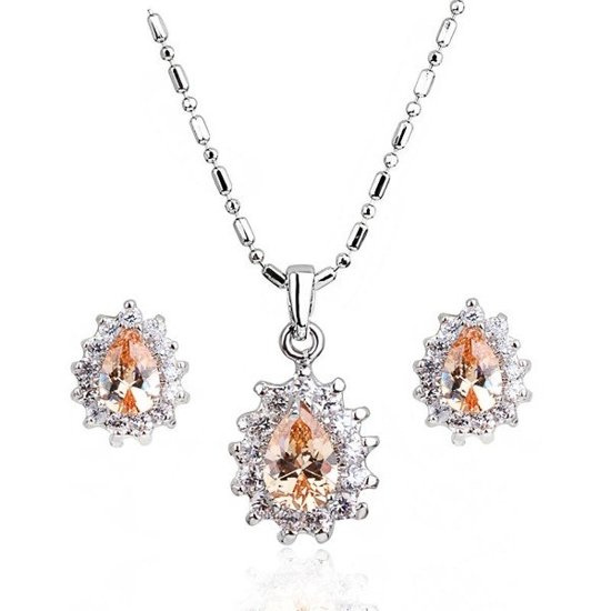 KPL 599/578 komplet kolczyki i wisiorek z szampańskimi  łezkami plus łańcuszek, srebrny
