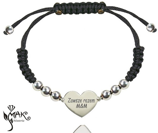 BR667 BRANSOLETKA z grawerem na sznureczku serce szerokie