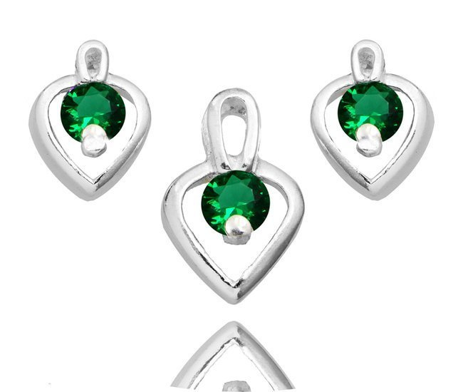 480/358 komplet srebrny 925 serca, cyrkonia zielona kolczyki wisiorek