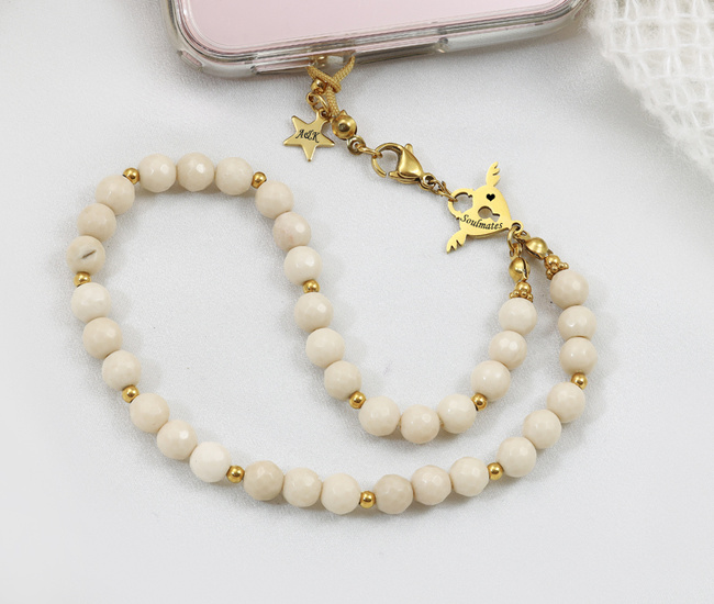 Smyczka do telefonu z grawerem 1761/5, kamienie naturalne beżowe