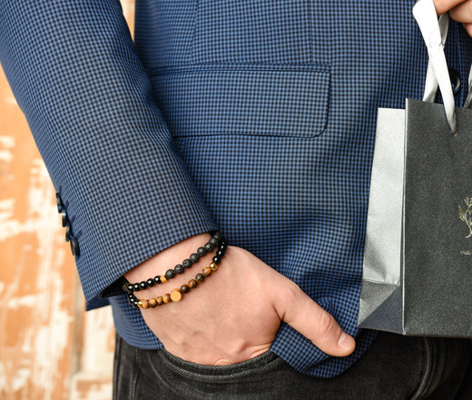 1628/5 bransoletka męska stalowa z koralikami z agatu i kamyczkami wulkanicznymi