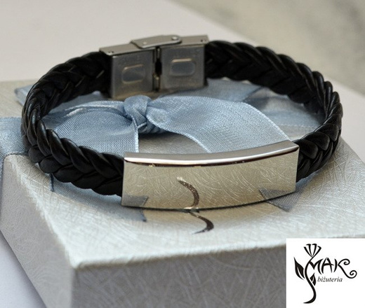 BR735 BRANSOLETKA Z GRAWEREM męska skóra czarna
