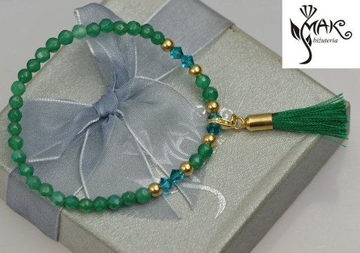 BR950 Bransoletka, zielony agat fasetowany i kryształki Swarovski Element