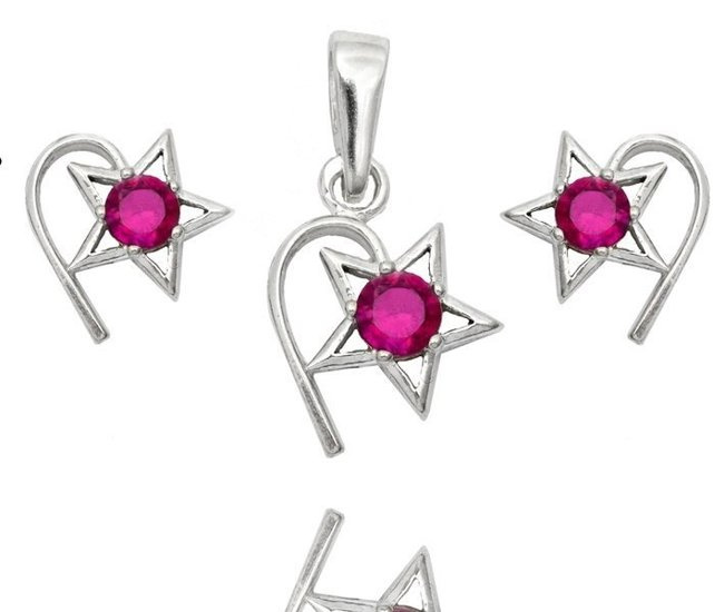 480/286  Komplet srebrny 925, fuksja gwiazdki z cyrkonią , kolczyki, wisiorek .