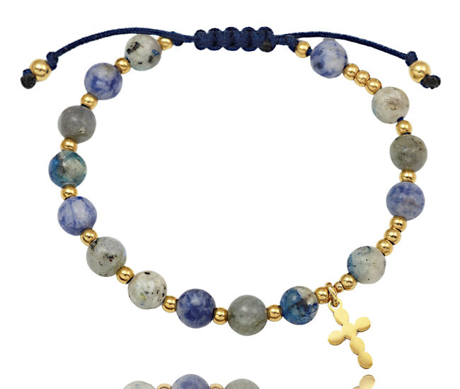 1737/2 niebieska bransoletka różaniec złocona z kamieniami naturalnymi