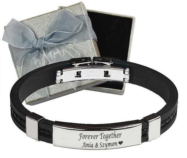 BR610 BRANSOLETKA Z GRAWEREM męska kauczuk skóra czarna