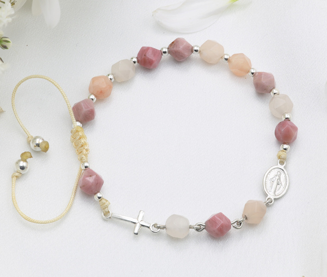 Bransoletka różaniec różowa 1758/12, kamienie naturalne rodonit i awenturyn