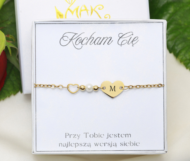 Zestaw Walentynkowy bransoletka z grawerem serce i perły 1898/4