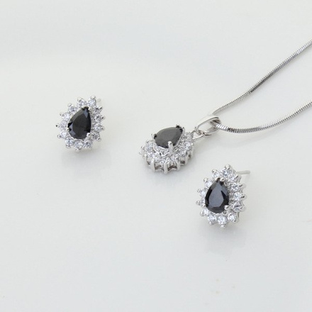 KPL 599/568 komplet kolczyki i wisiorek z czarnymi łezkami plus łańcuszek, srebrny
