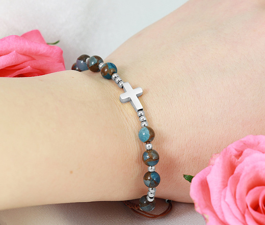 1627/6 bransoletka różaniec stal srebrna na sznureczku z kamieniami naturalnymi jaspis