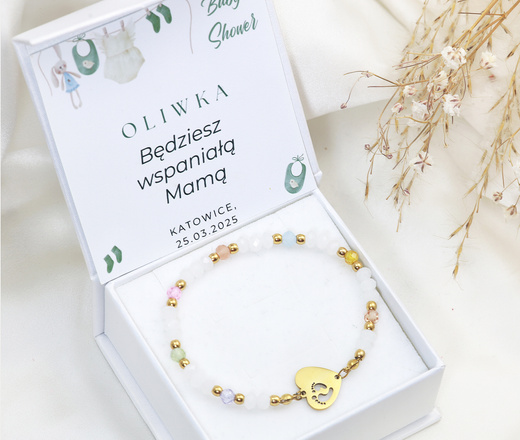 Bransoletka grawerowana i sercem ze stópkami kamienie naturalne 1889