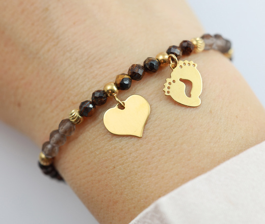 1734/3 brązowa bransoletka srebrna 925 pozłacana z grawerem i kamieniami naturalnymi