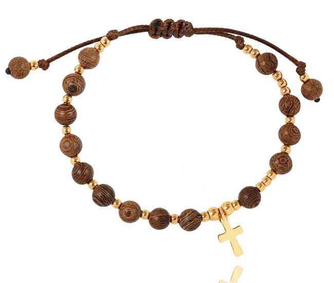 1627/7 bransoletka różaniec męska stal złocona na sznureczku  drewniane koraliki