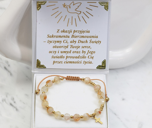 bransoletka różaniec stal złocona na sznureczku cytryn 1872/4