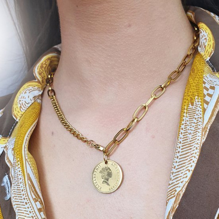 1232/8 naszyjnik złoty stal gruby moneta