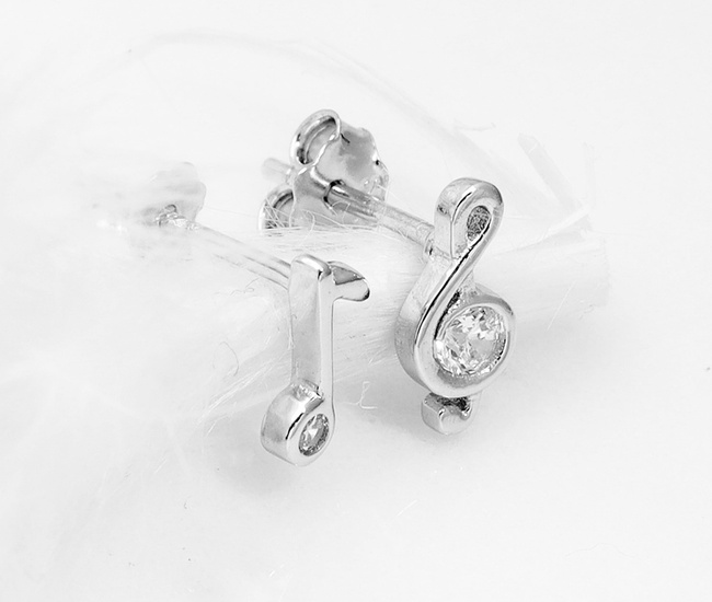 1861/2 kolczyki wkrętki z nutą i kluczem wiolinowym wysadzane cyrkoniami, srebro 925