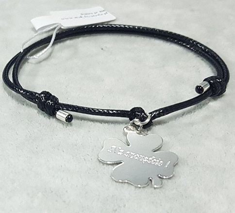 BR483 Bransoletka z grawerem koniczynka, Srebrna 925 na sznurku