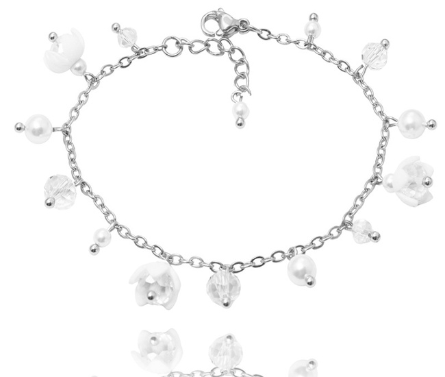 ręcznie robiona bransoletka ślubna z kwiatami, kryształami i perłami srebro 925 1816/5