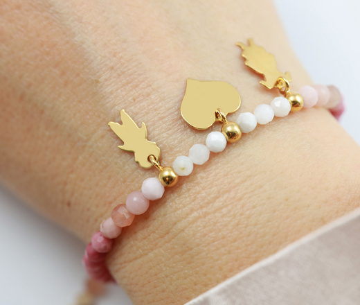 1734/1 różowa bransoletka srebrna 925 z grawerem i kamieniami naturalnymi