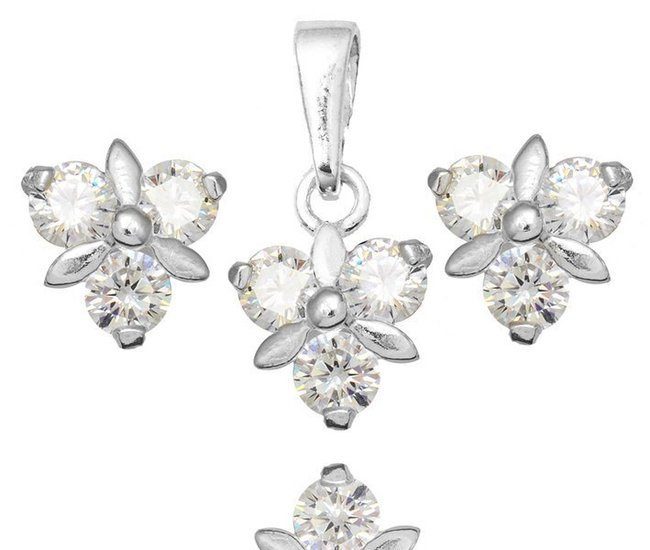480/332  Komplet srebrny 925, kwiatuszki z cyrkonią białą kolczyki, wisiorek .