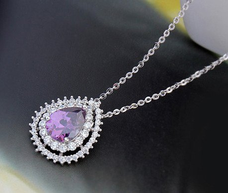 NK599/468 NASZYJNIK platynowany cyrkonie łezka fioletow