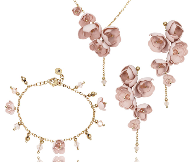 komplet pozłacany z kwiatuszkami i kryształami handmade pudrowy róż 1816/3