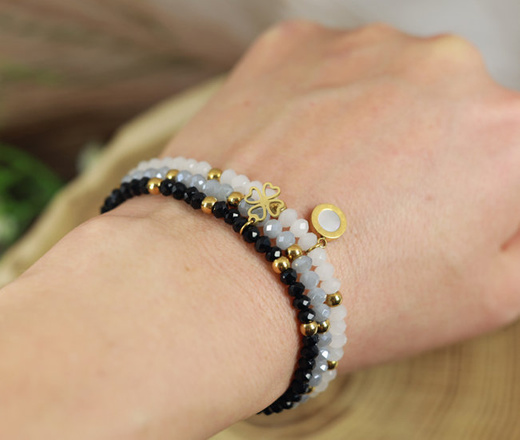 1445 bransoletka stal pozłacana kryształki białe masa perłowa